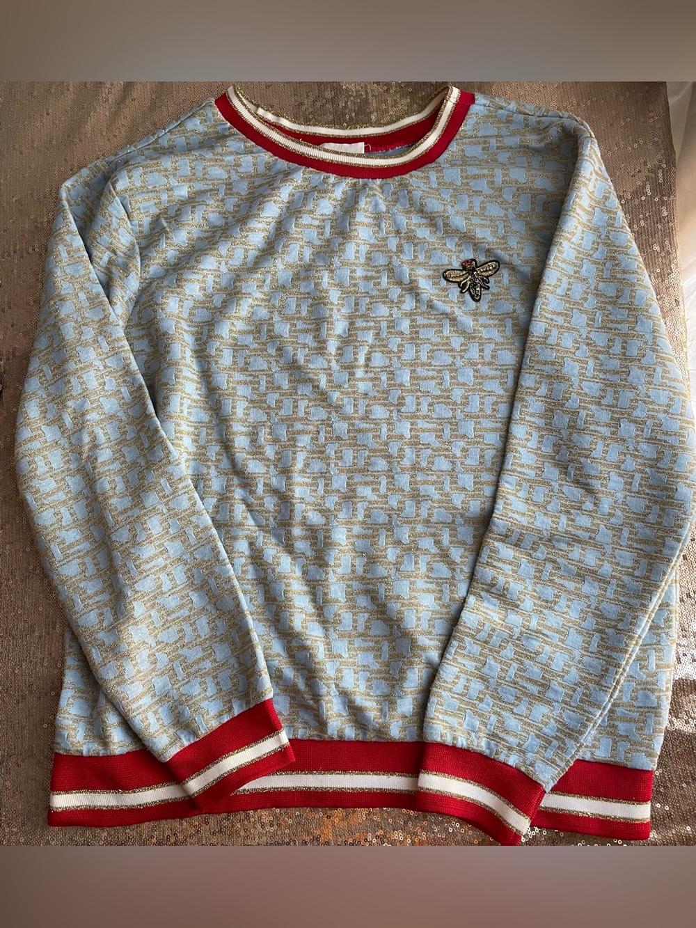 NWOT H&M Light Blue Sweater w/ Gold & Red Pattern w/ jeweled bee size M